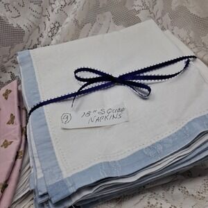 Cotton Napkins Set of 9 White with Blue Trim Dinner Cloth Cocktail Party